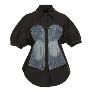 Black Denim-Accented Women's Top